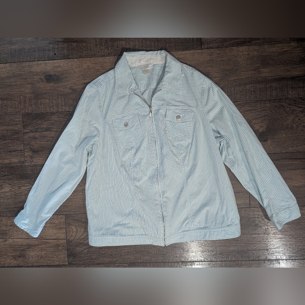 CJ Banks Women's Stretch Light Blue & White Striped Light Zip Up Jacket Size 1X